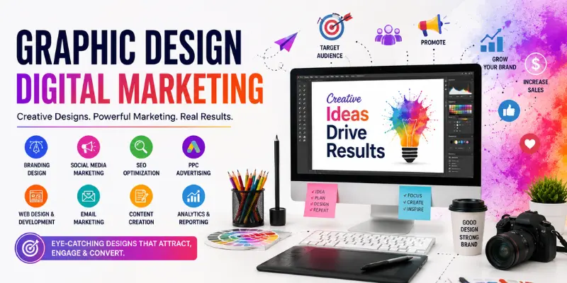 graphic design digital marketing Creative digital marketing workspace design